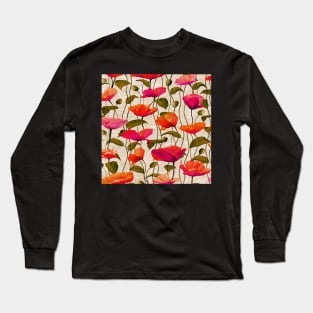 Spring & Summer Garden Flower Pattern Poppy Red, Pink, Orange Floral Long Sleeve T-Shirt